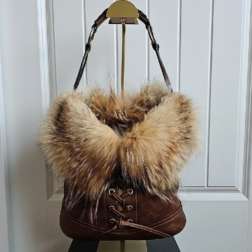 COACH Vintage 2004 Archival Piece Natural Cowhide & COYOTE FUR Hobo No. 1426 EUC